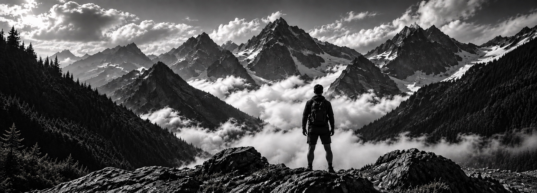 Athlete standing above the clouds in the Swiss Alps