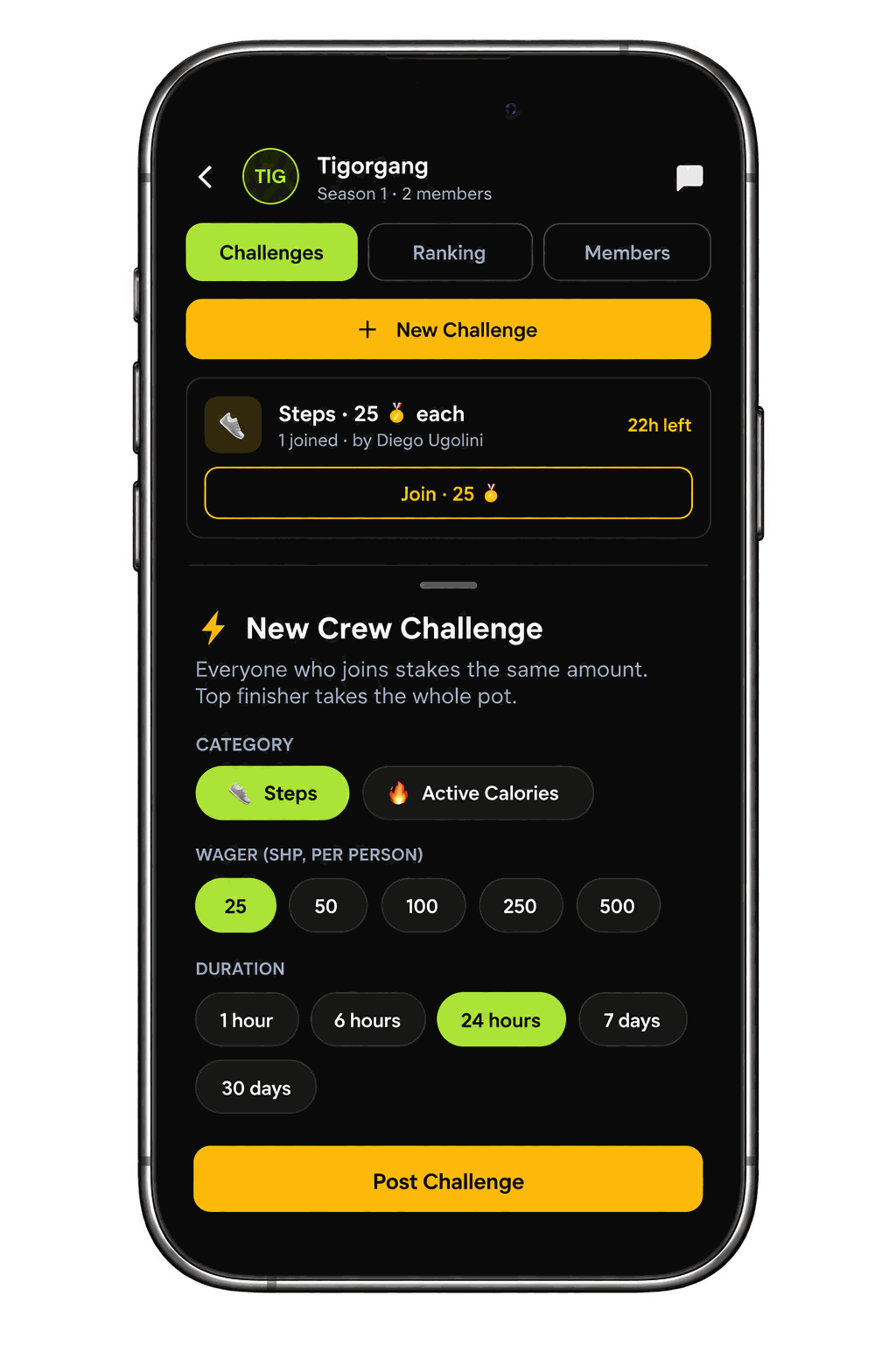 Posting a new Crew challenge — category, wager, duration and start time