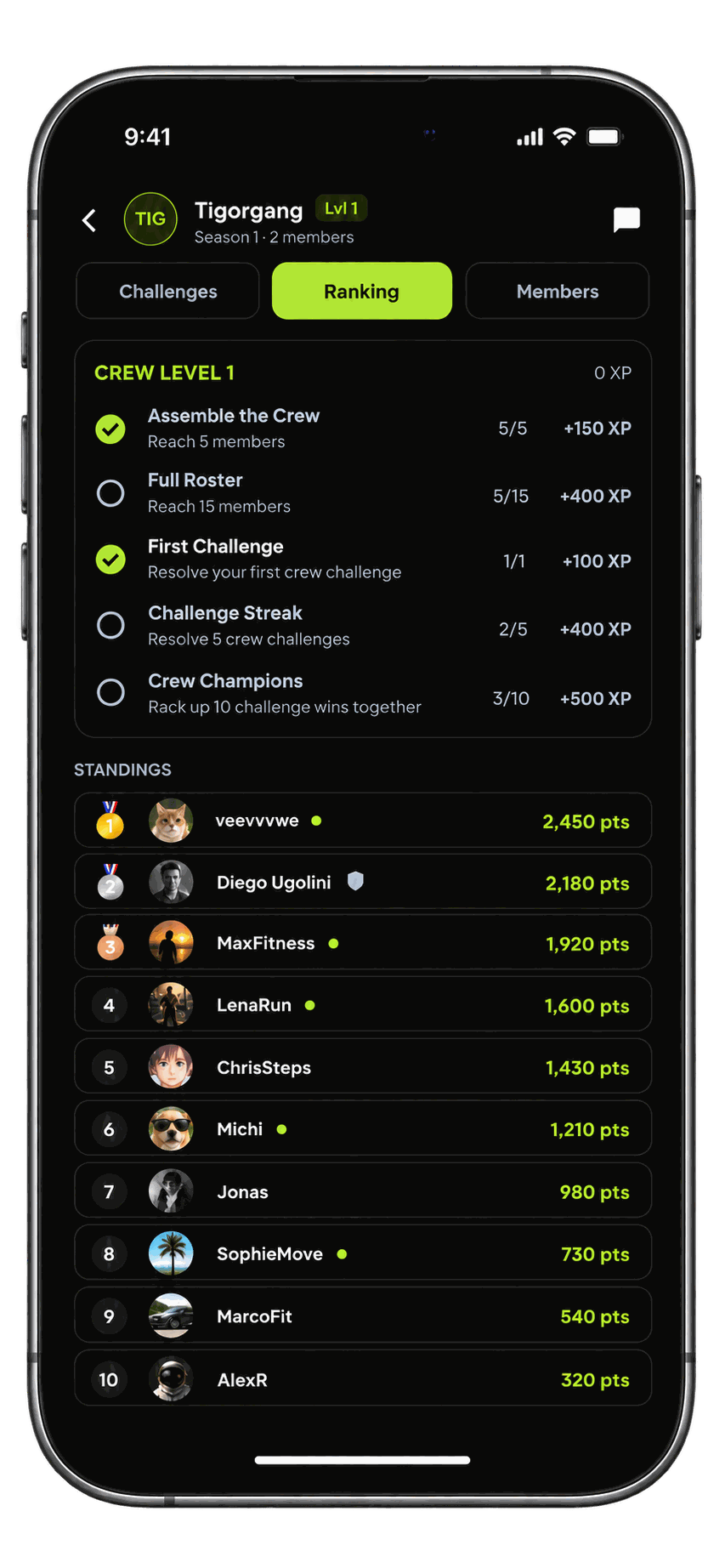 Athle Crews — crew missions, crew level and the season leaderboard