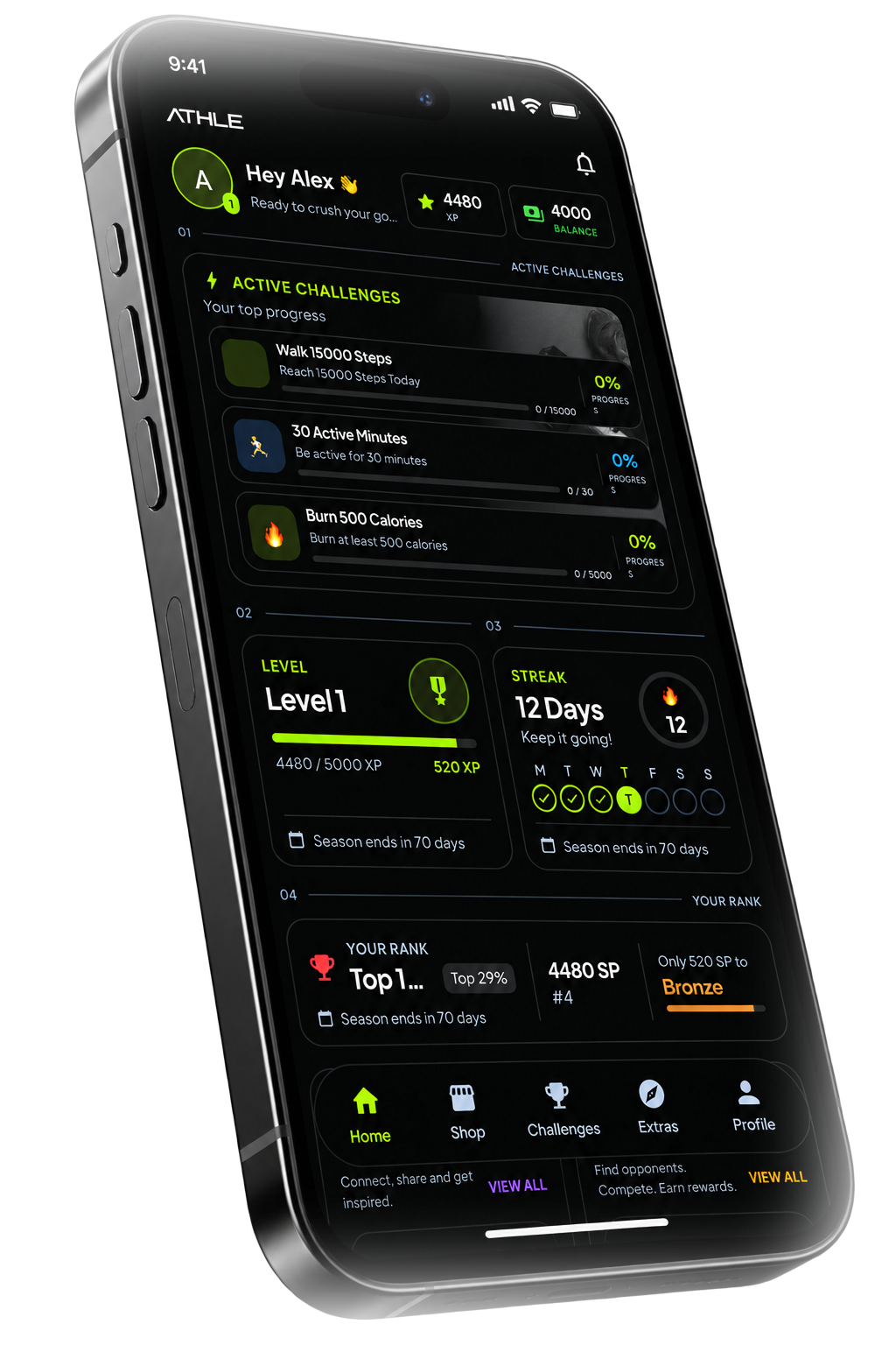 The Athle app — Home screen showing level, streak and active challenges